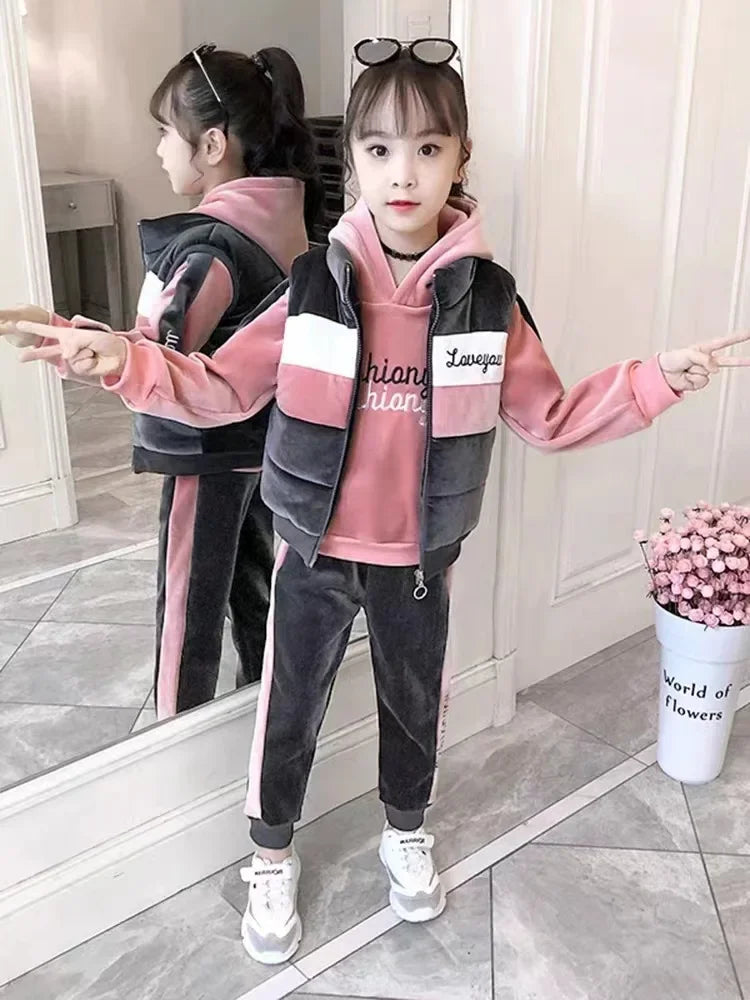 Maxy 2024 winter girls tracksuit Autumn Toddler Teenager Clothes velvet jacket vest + hooded + strip Pant Children Kids 8 10 12 year