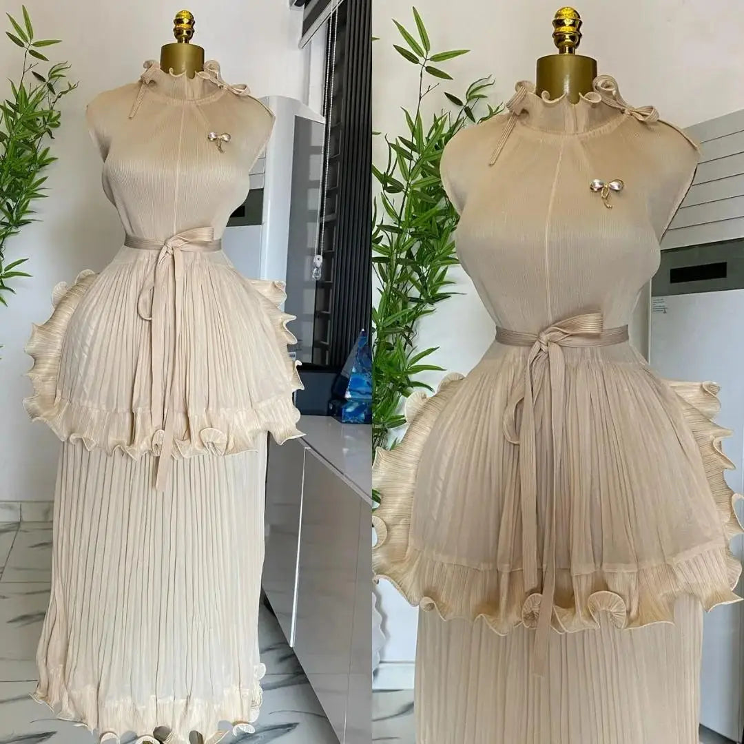 Maxy Summer New Pleated Dress Women's Solid Sleeveless Ruffles Lace Bottom Skirt with Belt Fashion Female Dresses