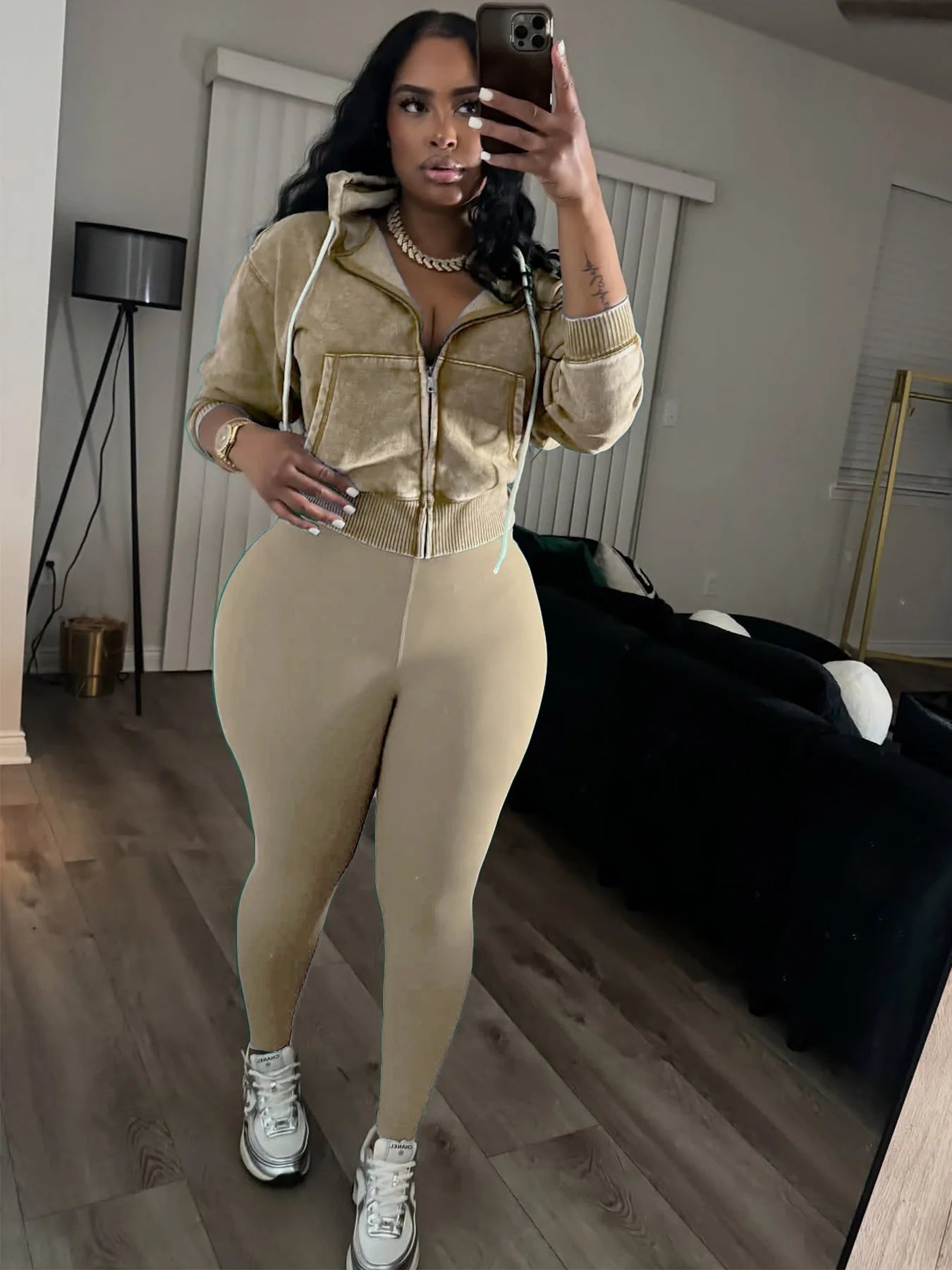 Maxy Koilu Casual Sporty 2 Piece Set Woman Autumn Trend Washed Style Drawstring Hooded Jacket+Solid Yoga Pants Daily Simple Tracksuit