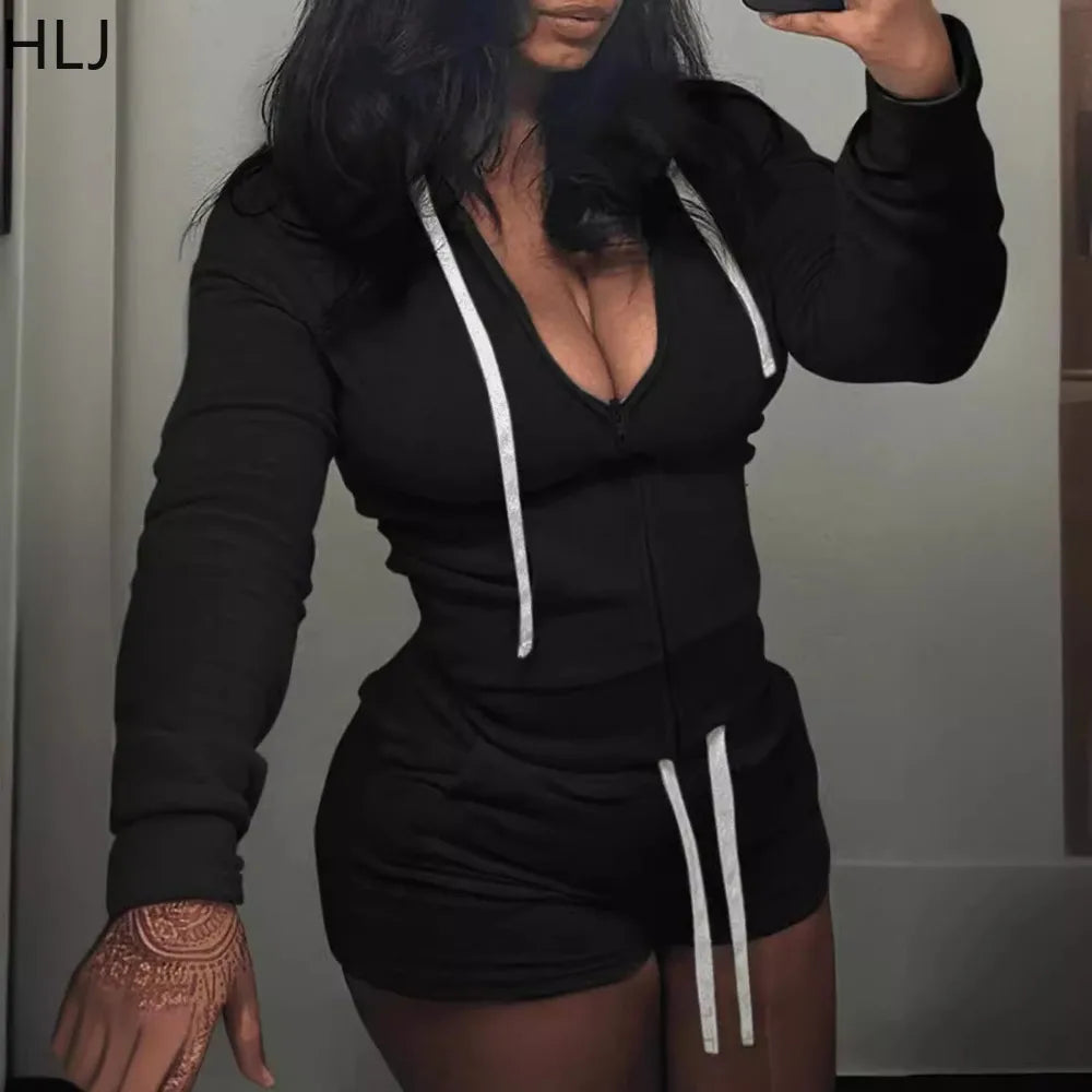 Maxy Casual Solid Hooded Zip Biker Shorts Tracksuits Women V Neck Long Sleeve Top And Shorts Two Piece Set Fashion Sporty Outfits