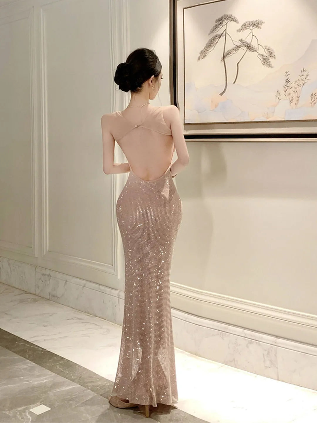 Maxy Long Sparkling Fish Tail Dress with Belt Sexy Back Glittering Drill Tight Fit Gown for Women mid Summer Evening Party