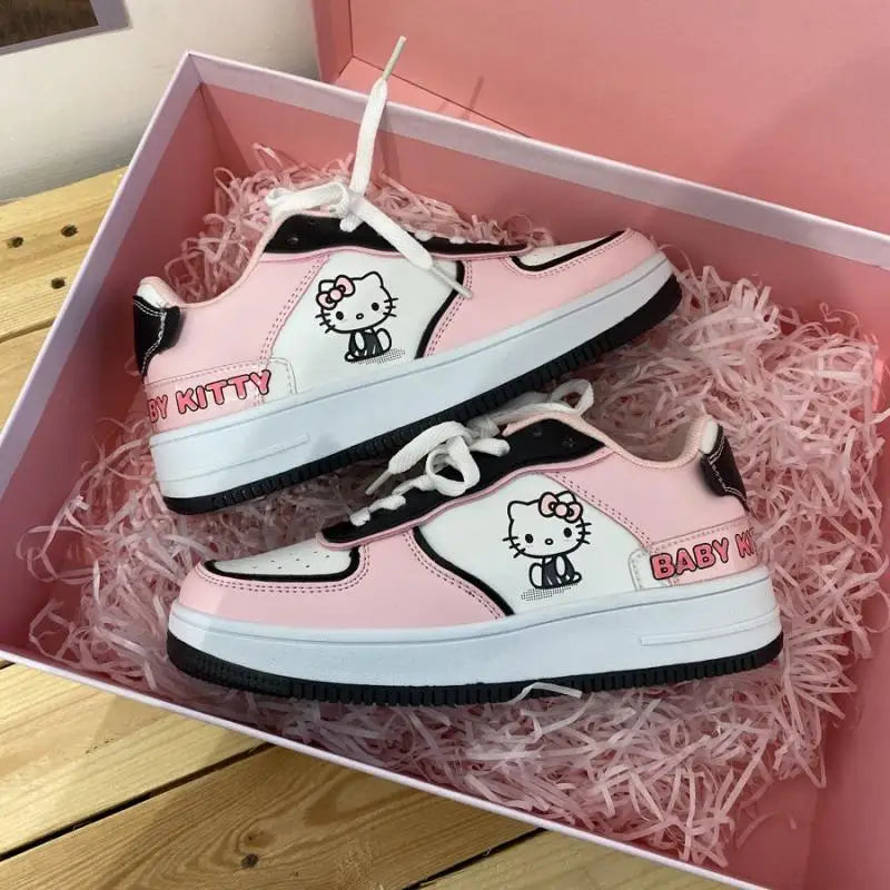 Maxy Cute Hello Kitty Women Sports Shoes Sanrios Leather Board Shoes Anime Kt Printing Sneakers Cartoon Fashion Kawaii Casual Shoes