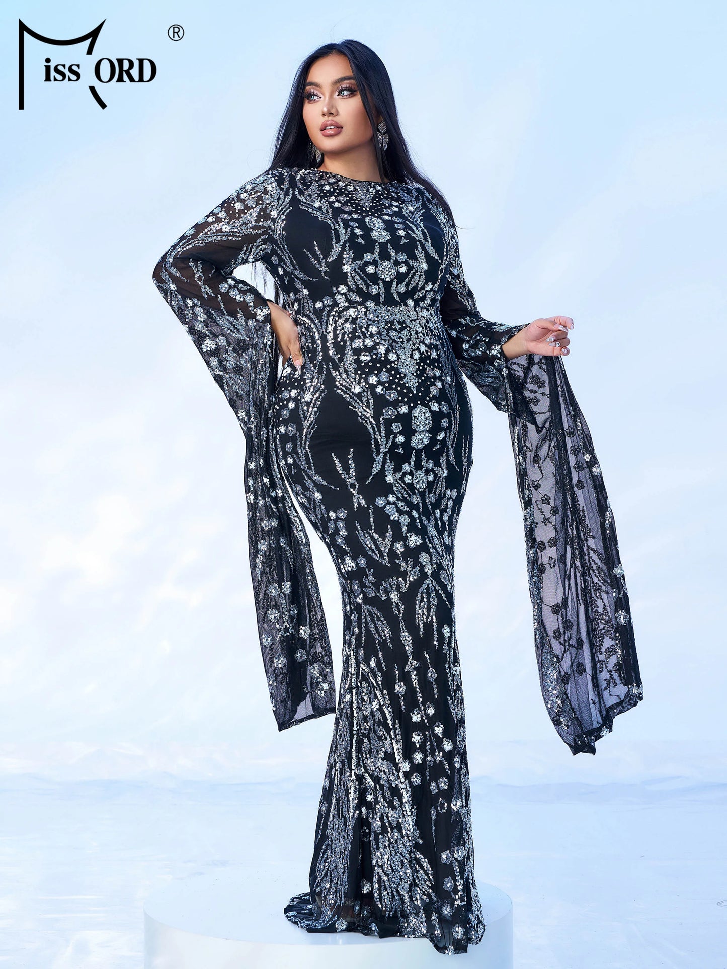 Maxy New Plus Size Church Muslim Dress Round Neck Sequin Extended Sleeve Evening Gown Formal Occasion Cocktail Ball Dresses