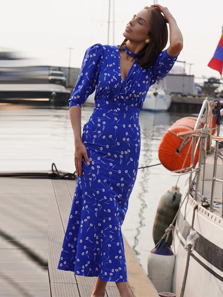Maxy Print Deep V Shoulder Pad Long Dress Women Elegant Short Sleeve Waist Cinching Hip Package Sheath Party Dresses New Summer Robes