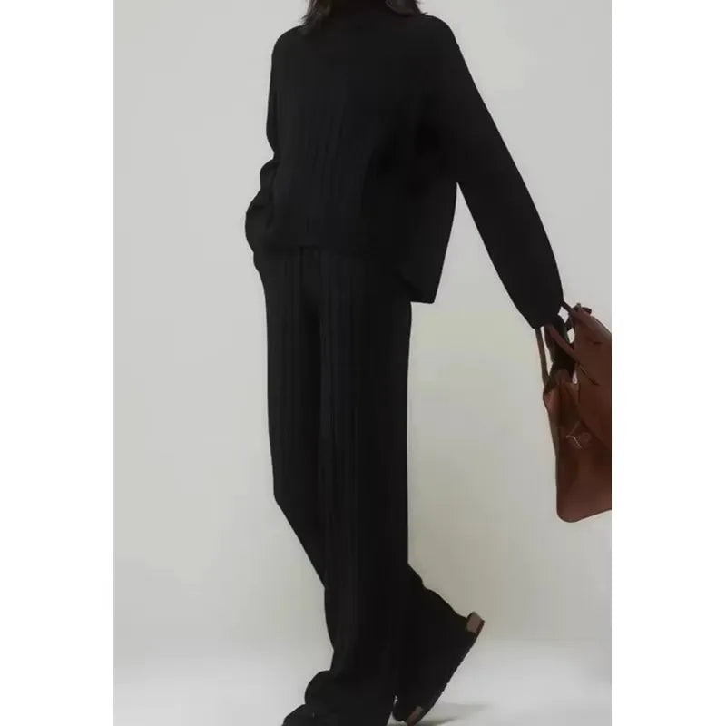 Maxy REALEFT Autumn Winter 2 Pieces Women's Sets Knitted Tracksuit Turtleneck Sweater and Straight Jogging Pant Suits Outfits