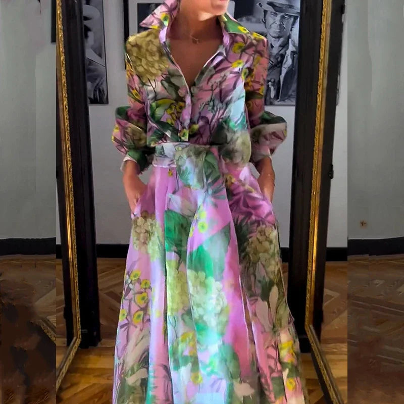 Maxy Casual Lapel Lantern Sleeve Shirt + Long Skirt Suit Fashion Lace Up Party Outfit Elegant Pattern Print Autumn 2 Piece Sets