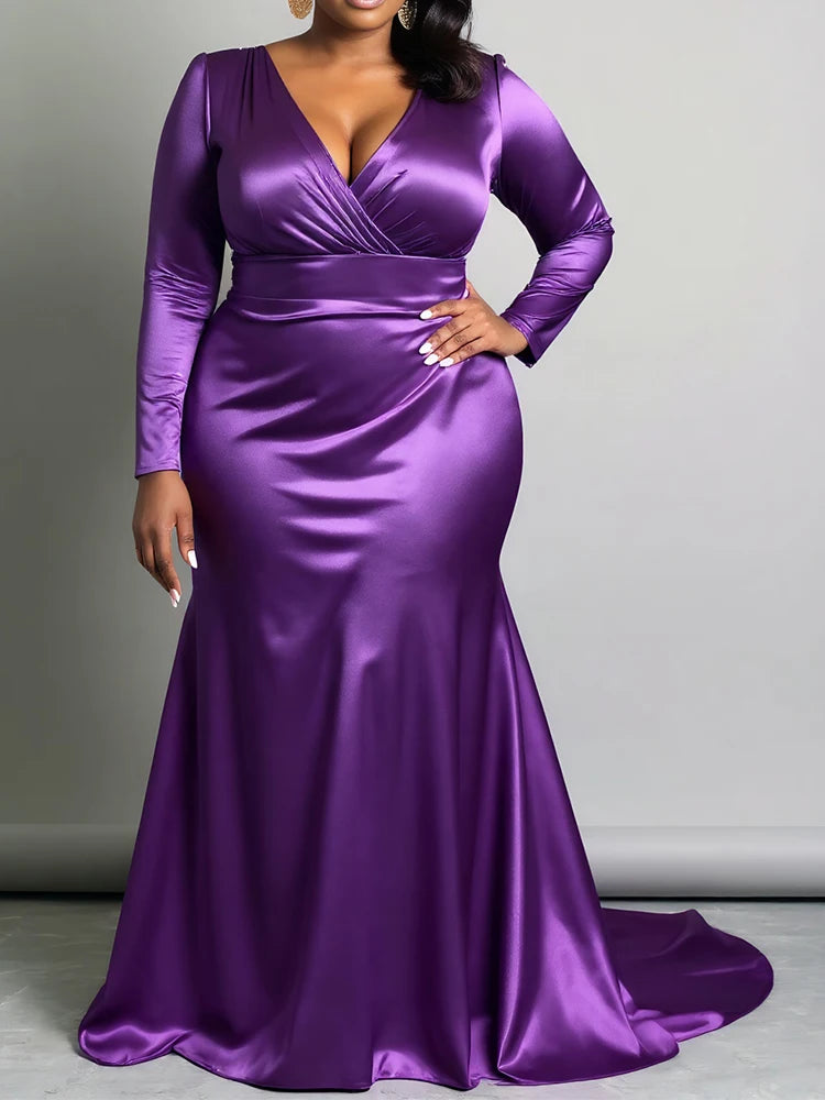 Maxy Women's Plus Size Dress Sexy V-neck Long Sleeve Rushed Satin Evening Party Cocktail Satin Maxy Dress Wedding Guest Dress