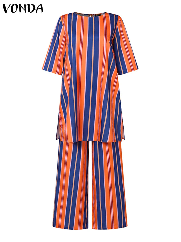 Maxy Women Pants Sets Summer Matching Sets Vintage Striped Suits Casual Loose Half Sleeve Tops and Pants Oversized