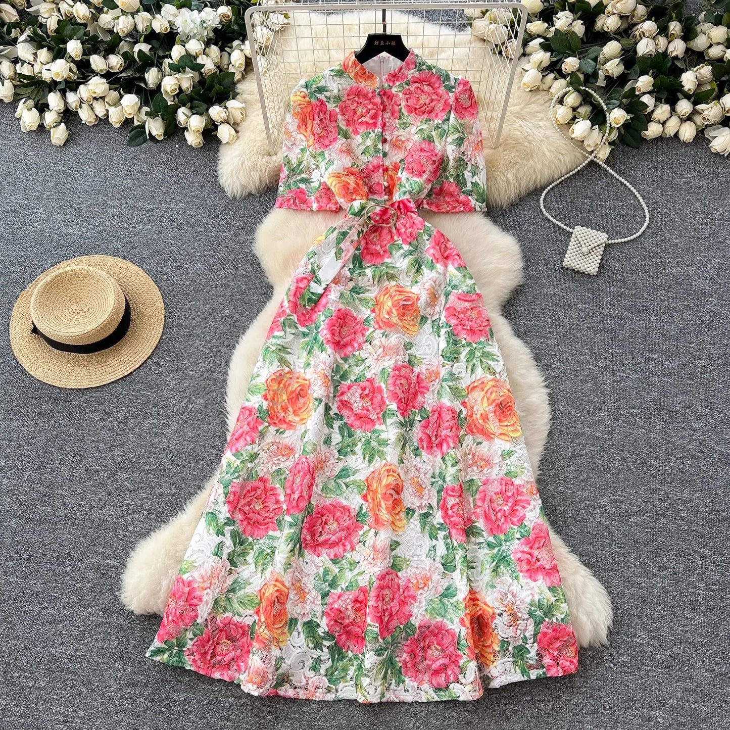Maxy Hollow Out Beach Long Dress Holiday Gorgeous Flower Embroidery Stand Collar Slim Fit Crochet Lace Print Summer Women Clothes