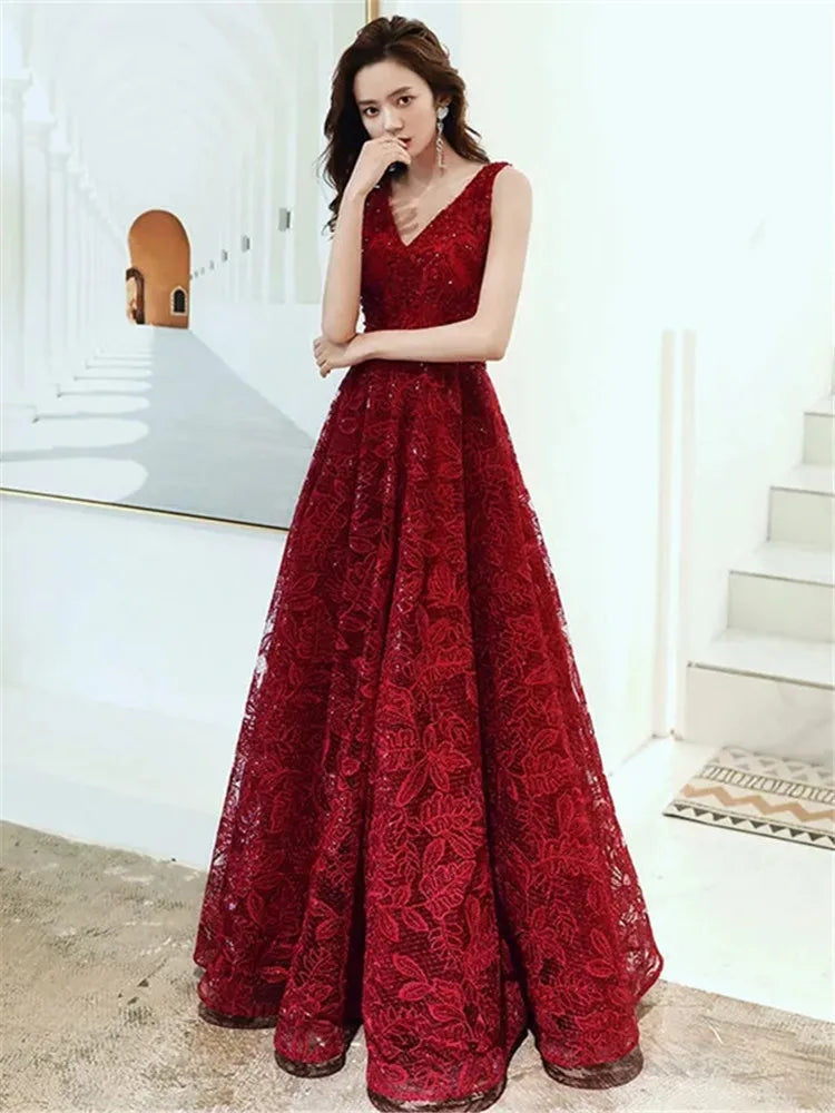 Maxy Wine Red Dress Solid Color Sequin V-neck Long A-line Skirt Elegant Evening Gown M047