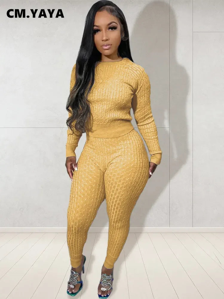 Maxy Women Fashion Weave Two 2 Piece Set Outfits Street Autumn Winter Sweater and Knit Pants Suit Active Tracksuit
