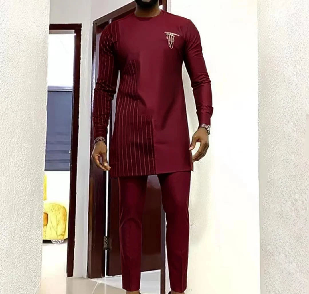 Amay Men Two Piece Outfit Set Long Sleeve Solid Color Panel Top and Pants Festival Party Set Ethnic Style Men's Suit