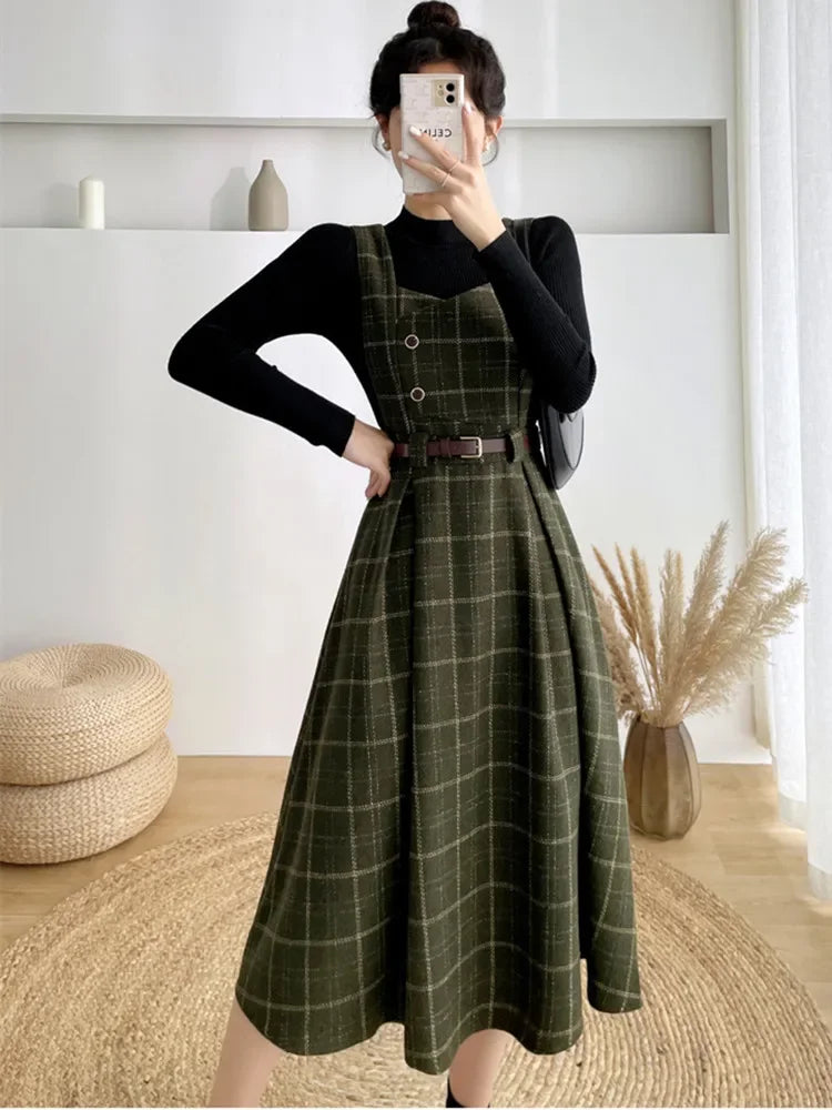 Maxy High Quality Fall Winter Women Sweater Overalls Dress Sets Casual Knitted Tops +Plaid Woolen Dress 2 Piece Sets Outfits Female