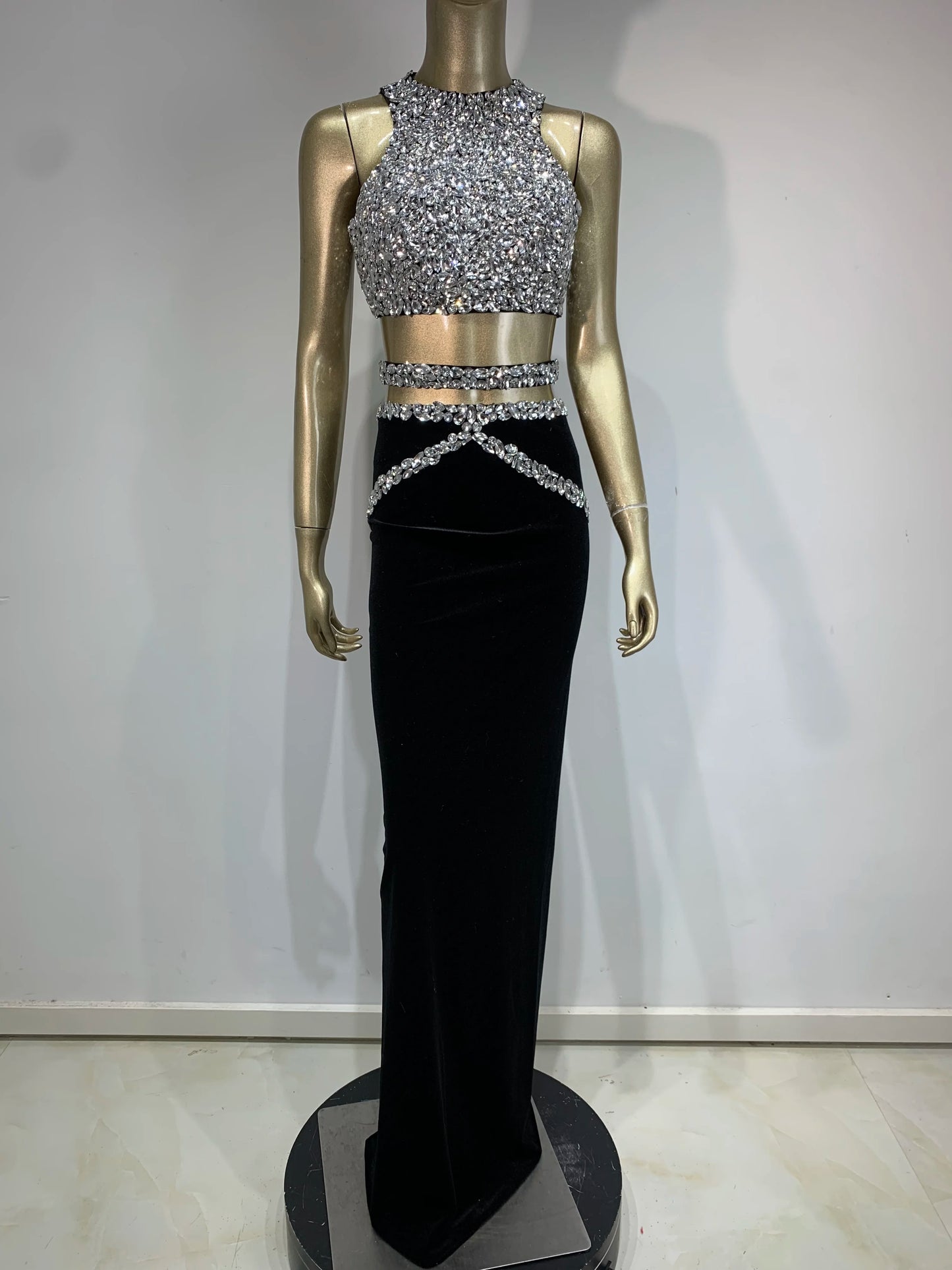Maxy Sparkly Rhinestone Two-piece Set Women Sexy Velvet Singer Nightclub Outfit Celebrate Birthday Elegant Party Dresses