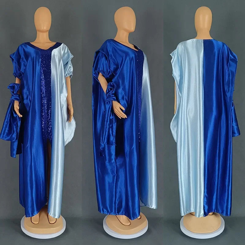 Maxy Dresses for Woman Satin Muslim Dress Scarf Abaya Dubai Turkey Kaftan Marocain Caftan Loose Boubou Robe Ankara Dashiki