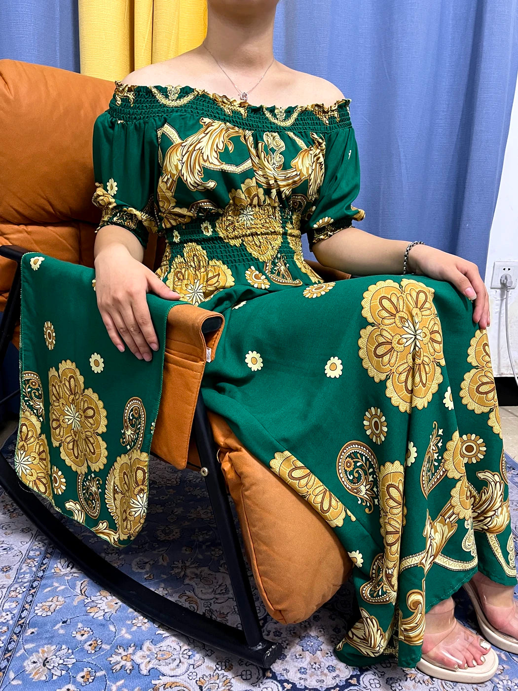 Maxy Muslim Abayas For Women Fashion Floral Elasticity Boat Neck Loose Fit Femme Robe African Party Evening Dresses With Turban