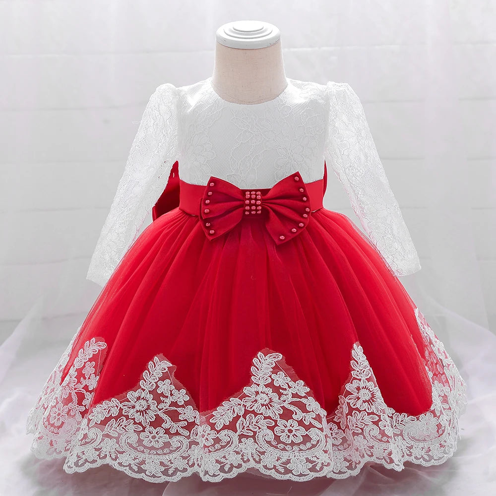 Maxy Baby Girl Baptism Newborn Photography Clothing Toddler Birthday Summer Dress Kids Christening Long Sleeve Lace Bow Ball Gown