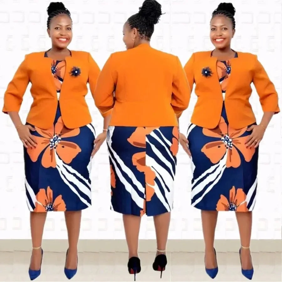 Maxy Plus Size Dresses for Women African 3/4 Sleeve Print Party Evening Midi Bodycon Dress Outfits with Coat Africa Clothing