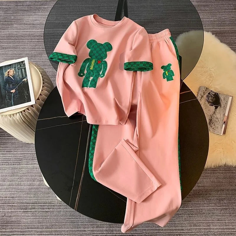 Amay Women's Sweat Suit Spring Summer New Fashion Korean Short Sleeved T-shirt Tops Pants 2 Two Piece Set Female Casual Clothes