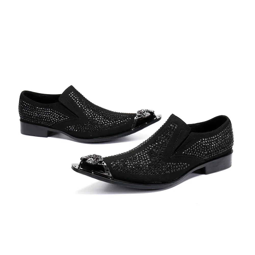 Amay Christia Bella Designer Red Black Rhinestone Party Men Shoes Metal Pointed Toe Wedding Dress Shoes Real Leather Business Shoes