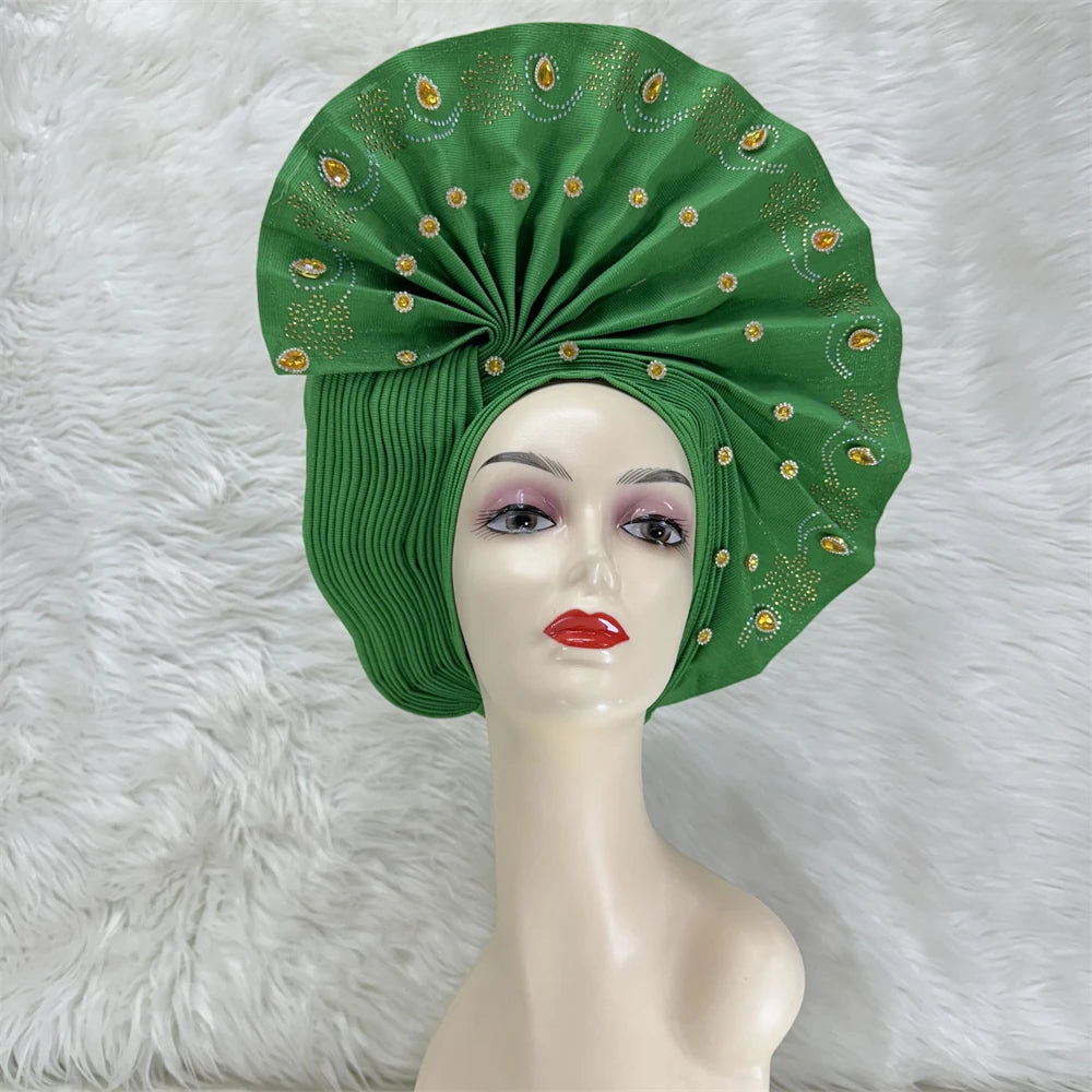 Maxy Luxury African Women’s Sego Head tie Crystal Stone Aso Oke Gele Aso Ebi Already Made Headtie Turban Cap Women Head Wear