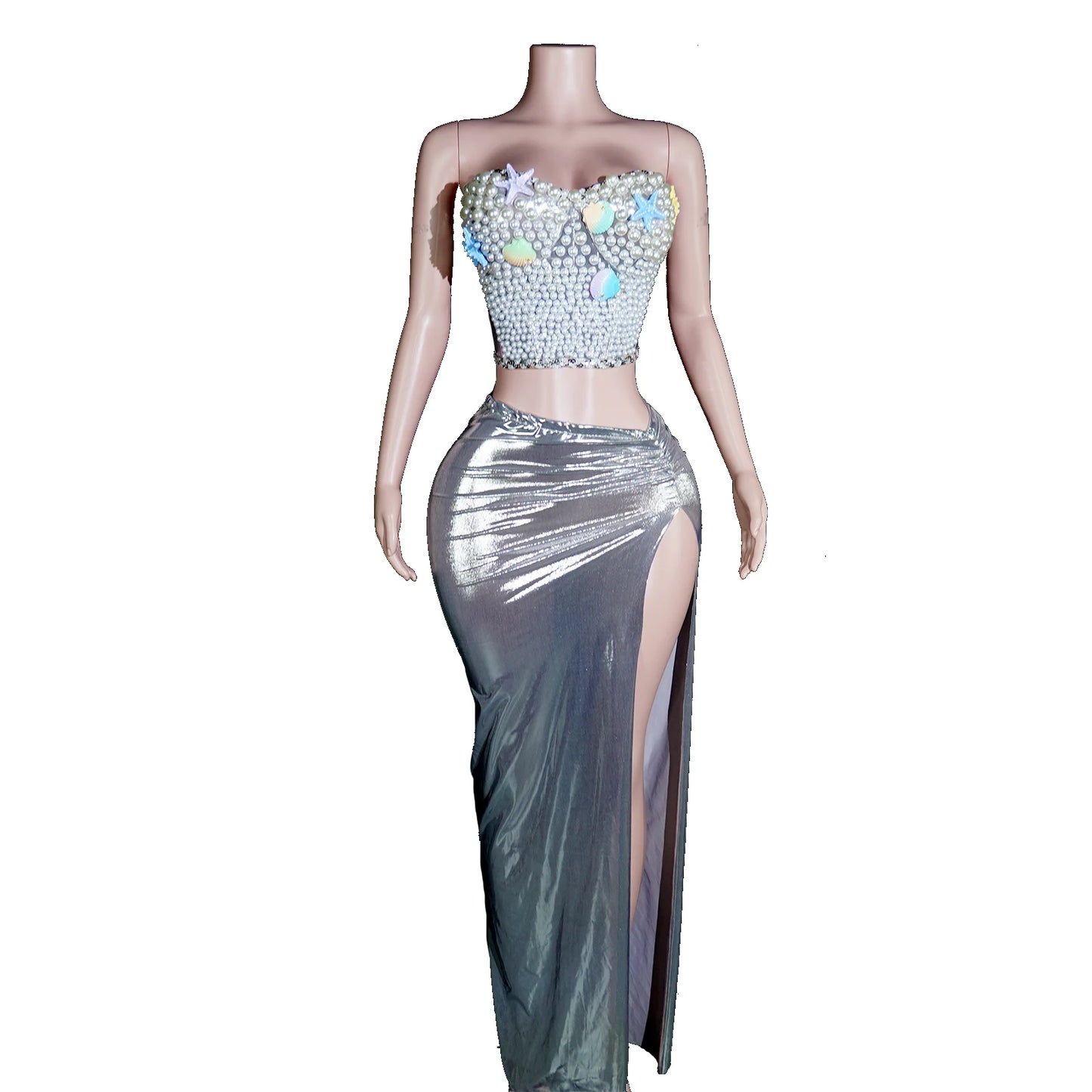Sparkling Red Rhinestone High Slit 2PCS Long Dress Sequin Christmas Birthday Party Wedding Gown Nightclub Stage Wear Performance