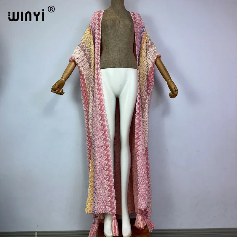 WINYI woman Winter tassel Knitted cardigan print coat Loose Christmas Africa Fashion hipster party dress Thick Warm Female cloke