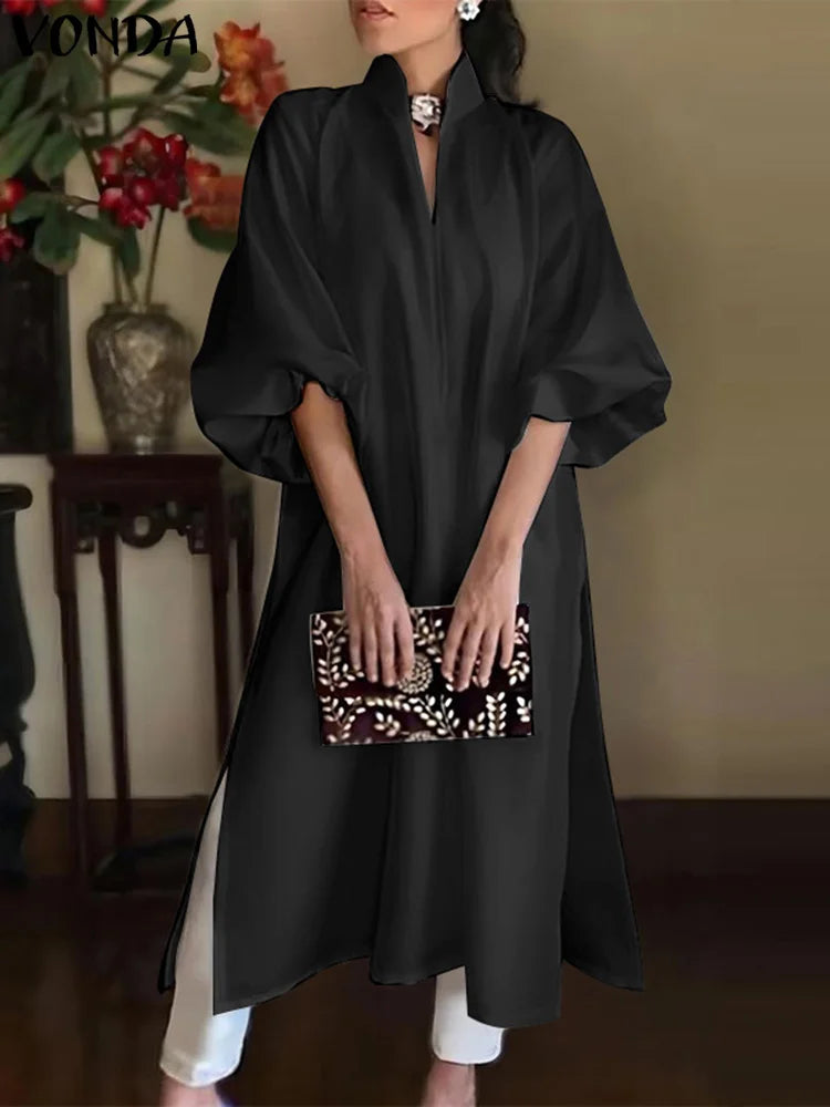 Maxy Plus Size 5XL VONDA Women Long Maxy Dress Office Sundress Casual Solid Color Elegant Elastic Loose A-line Dress
