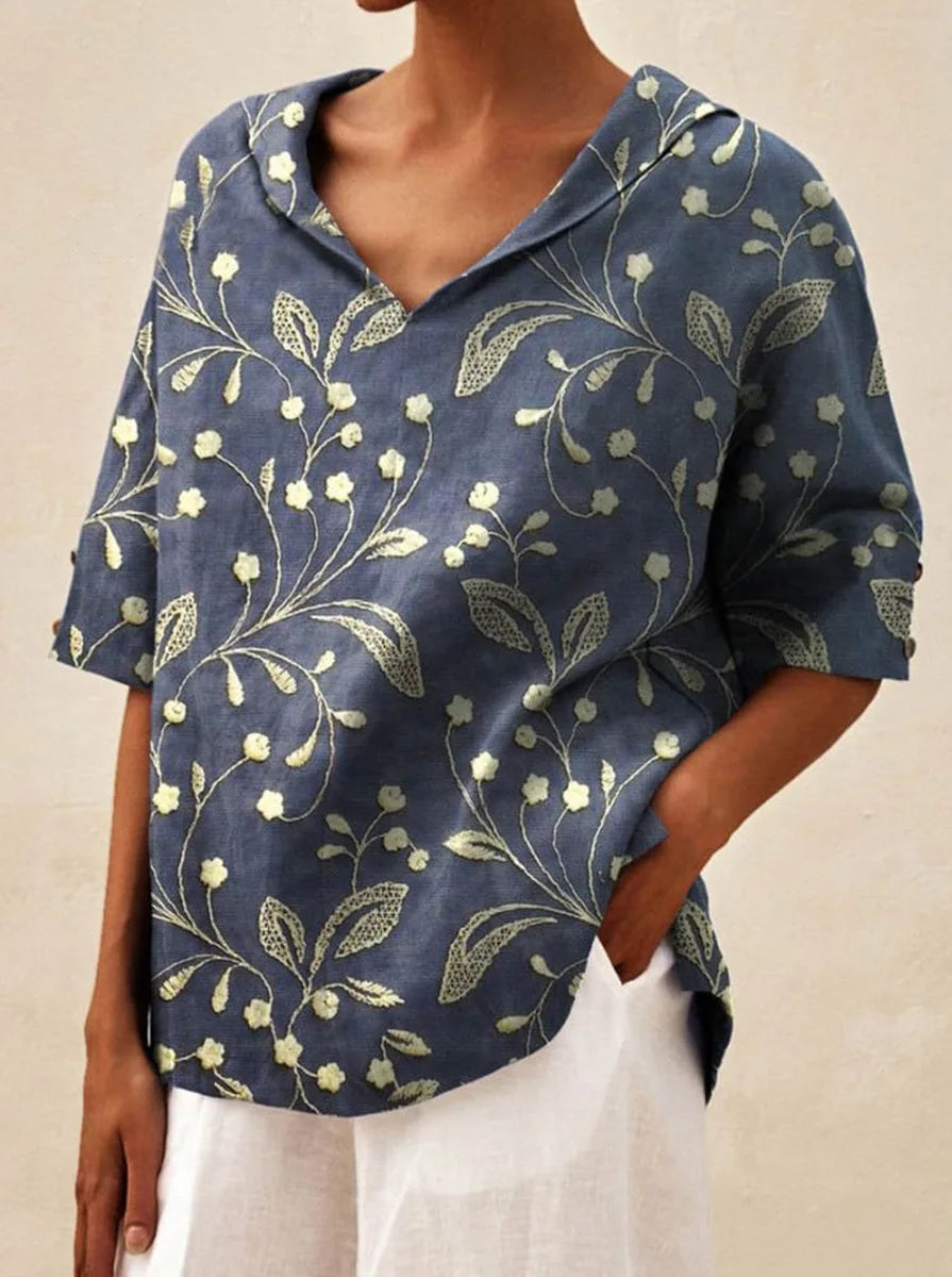 Maxy Women's Loose V-Neck Cotton Linen Shirt, Casual Elegant Summer Blouse Office Wear