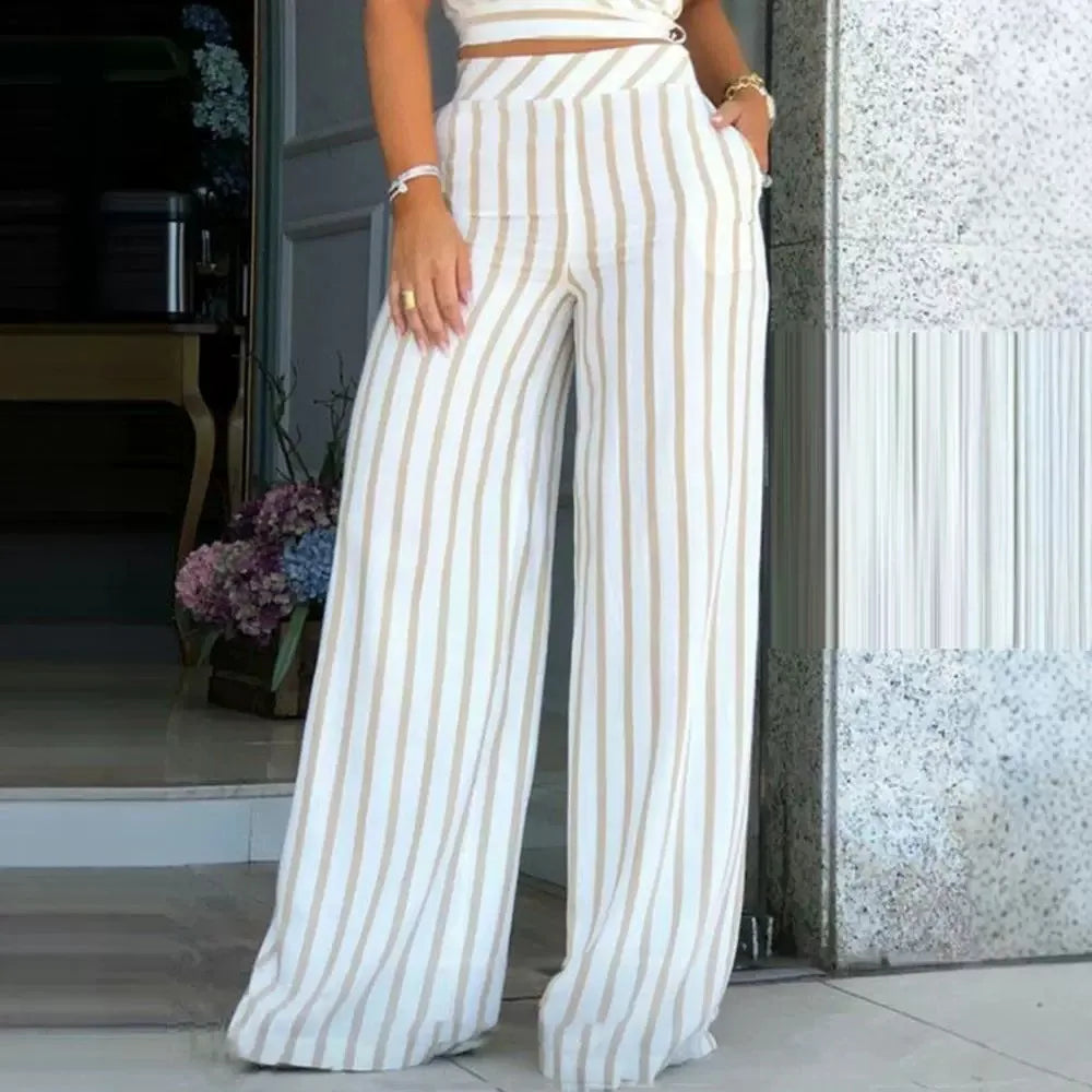 Maxy 2 Piece Sets Women's Outfits New Summer Elegant Striped Crop Top & Lady Office Work Trousers Loose Suit Female Streetwear