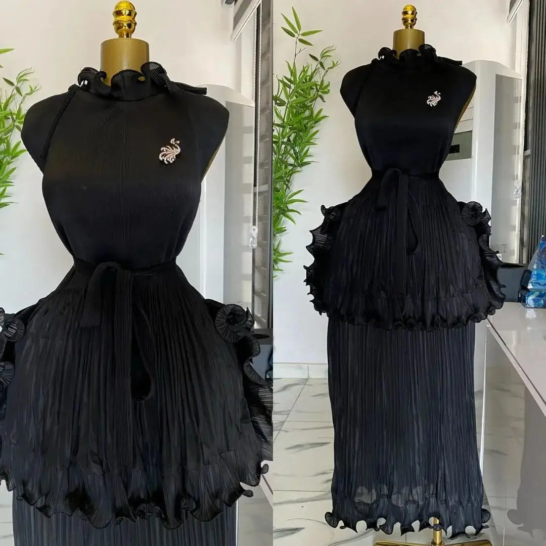 Maxy Summer New Pleated Dress Women's Solid Sleeveless Ruffles Lace Bottom Skirt with Belt Fashion Female Dresses