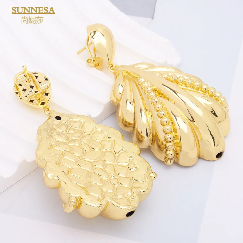 SUNNESA Leaf Shape Big Pendant Necklace Luxury Dubai Jewelry Set for Women Wedding 18k Gold Plated African Drop Earrings