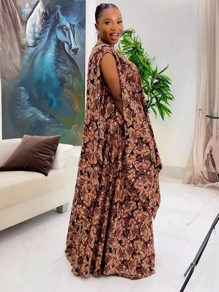 Maxy Two Piece Set Chiffon Africa Clothes For Women African Dashiki Fashion Suit Printed Loose Shawl Top And Wide Leg Pants Suits