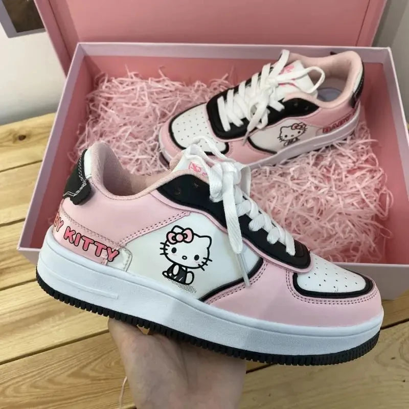 Maxy Cute Hello Kitty Women Sports Shoes Sanrios Leather Board Shoes Anime Kt Printing Sneakers Cartoon Fashion Kawaii Casual Shoes