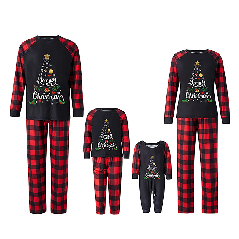 Maxy Christmas Family Pajamas Matching Set Long Sleeve Letter Print T-shirt+Elastic Waist Plaid Pants Sleepwear Loungewear