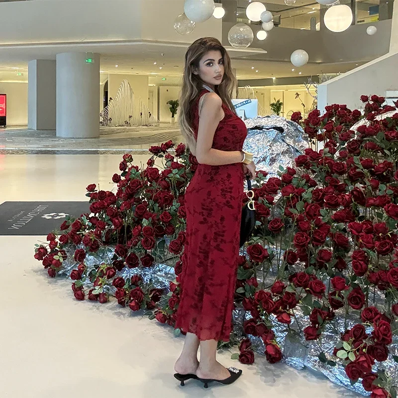 Maxy New Sleeveless Long Dress Women Summer rinted Deep v-neck Dress Femae Fashion Fora  Waist Slim Dresses