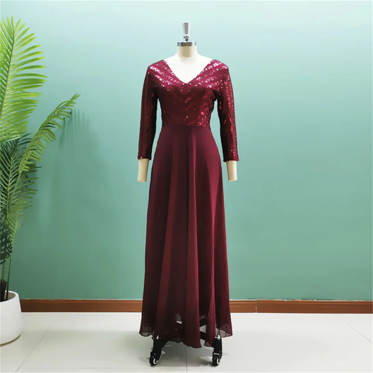 Graceful Long Burgundy Evening Dress 3/4 Sleeves A Line Sequined Top A Line Women Formal Occasion Gowns For Prom Party Wholesale