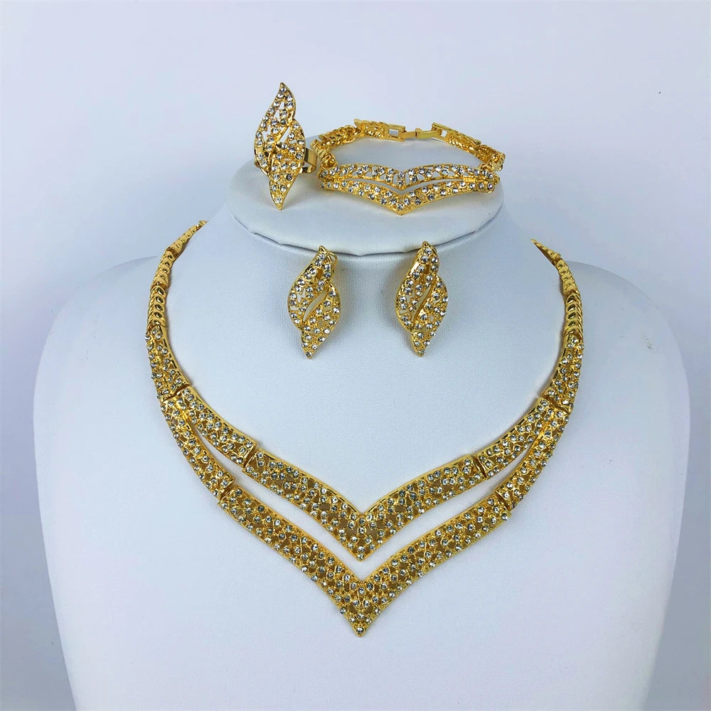 Maxy jewelry For Women Fashion Crystal Jewelry Set 18k Gold Plated Rhinestone Clear Crystal Necklace Earrings Accessories Gifts