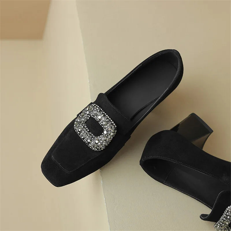 Maxy New Autumn Sheep Suede Loafers French Square Toe Chunky Heels Winter Plush Women Pumps Shoes for Women Zaptos De Mujer