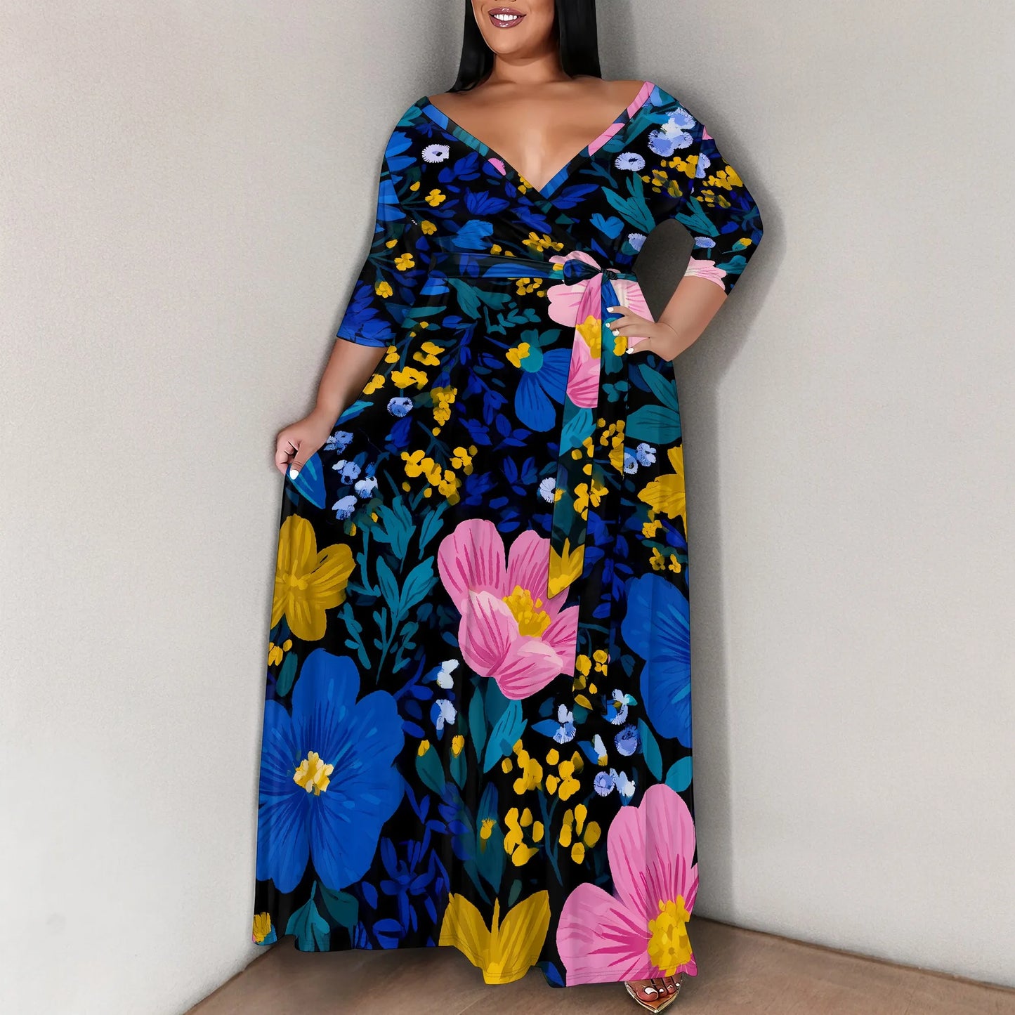 Maxy Plus Size Women's 3/4 Sleeve V-Neck Floral Print Wrap Maxy Dress Elegant Bohemian Casual Dress