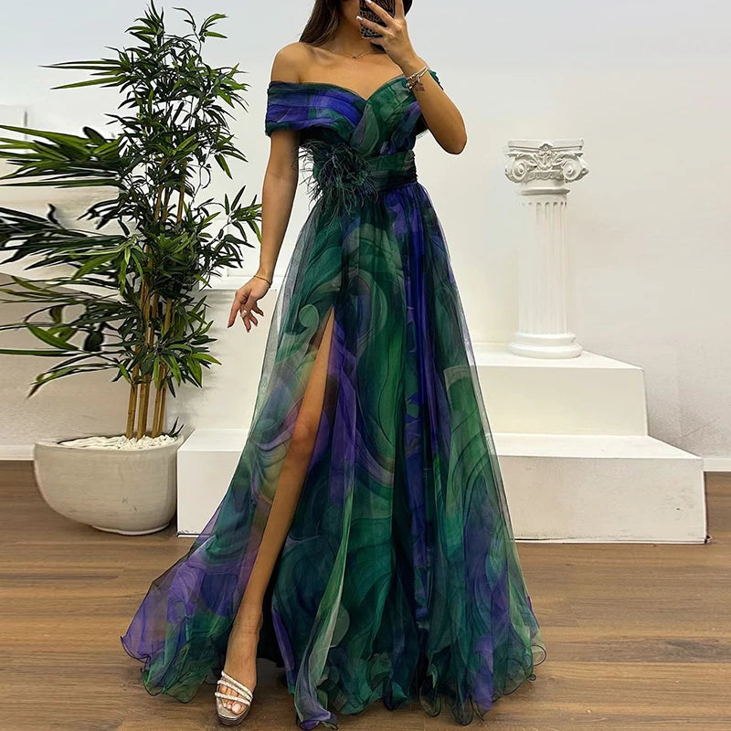 Maxy Spring Summer New Mesh Evening Dress Vintage Pattern Printed High Waisted Long Dress New One Shoulder Pleat Banquet Swing Dress