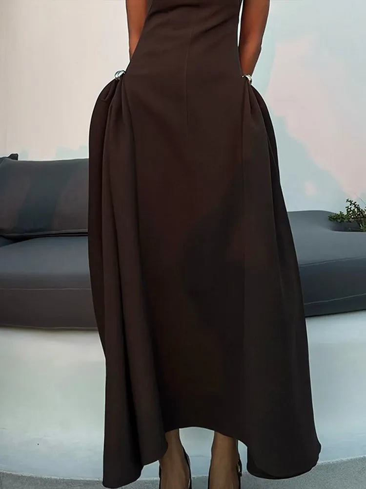 Amay Women Elegant Brown Irregular Collar High Waist Long Dress Fashion Sleeveless Retract Waist A-line Dresses Lady New Party Robe