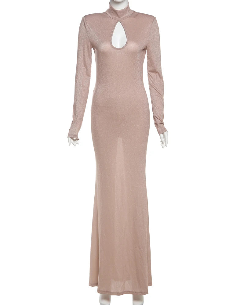 Maxy Sequins Women Maxy Dress Solid Elegant Spring New Full Sleeve High Collar Hollow Cleavage Sheath Robe Mujer Trend Vestidos