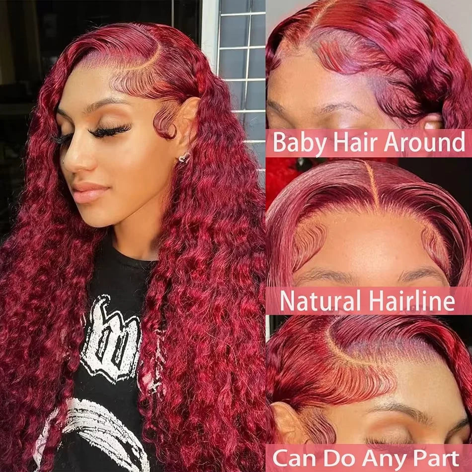 Maxy 46 Inch Deep Wave High Density 99j Burgundy 13x6 Lace Frontal Human Hair Curly Wig Red Colored 13x4 HD Lace Front Wig For Women