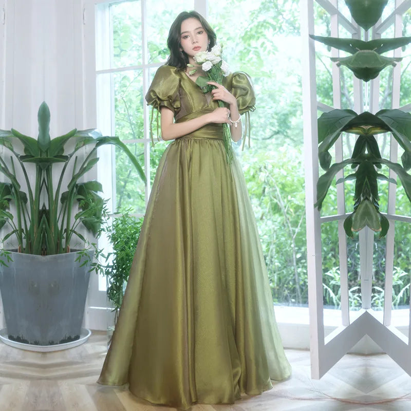 Maxy Summer Banquet Evening Dress Skirt Female Green Black Puff Sleeve Waist Elegant French Court Style Long Dress New Style