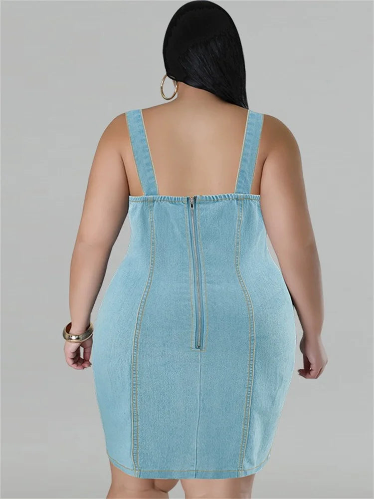 Wmstar Plus Size Denim Dresses for Women Summer Sleeveless Fashion Casual Bodycon Zipper Midi Dress Wholesale Dropshipping 2024