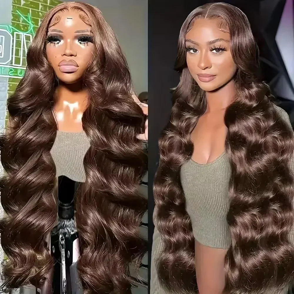 Chocolate Brown 13x6 13x4 Body Wave Layered Cut Human Wig Lace Front Human Hair Wigs Brown Colored Wigs 220% Density For Women