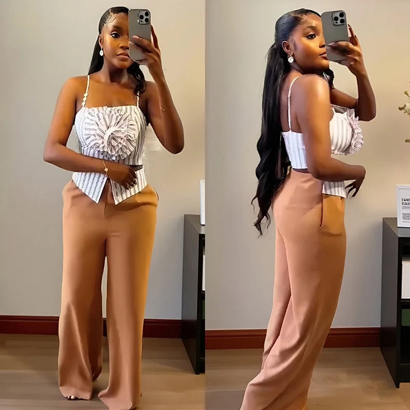 Maxy 2 Piece African Clothes for Women Summer Sexy African Sleeveless Top Long Pant Matching Sets Dashiki African Clothing Outfits