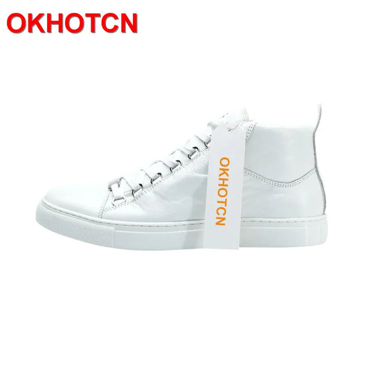 Maxy Fashion Men's Casual Shoes Lace Up Height Increasing Shoes Men White Leather Sneakers Solid Spring Autumn Moccasin Shoes