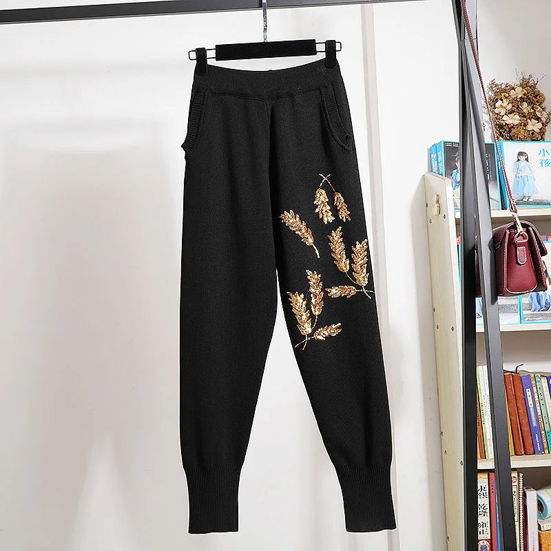 Maxy Black Knitted Tracksuits Two Piece Outfits Women 2pc Autumn New Fashion Loose Sequins Embroidery Sweater Pencil Pants Set Female